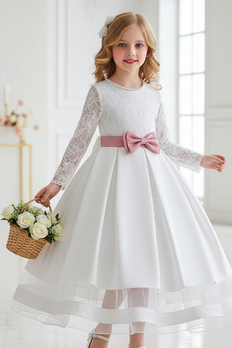 A-Line Pearl Neck Long Sleeve Satin Ankle Length Flower Girl Dresses 1049638009353 - 7 Days / white / 120cm - COCOMELODY